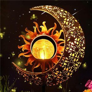 Garden Solar Lights Outdoor Decorative, Sun & Moon Crackle Glass Globe Metal